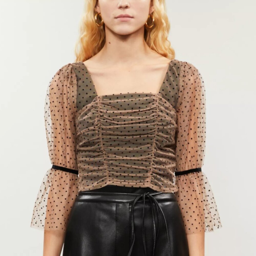 NWT Topshop Nude & Black Mesh Polka Dot Square Neck Ruched Gathered Crop Top